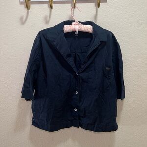 Navy 100% Cotton Button-Up Cropped Shirt